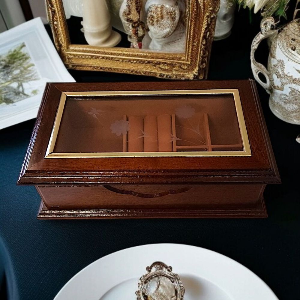 Vintage Wooden Jewelry Box Velvet Lined‎ Etched Glass 80s Wood Table Dresser Top